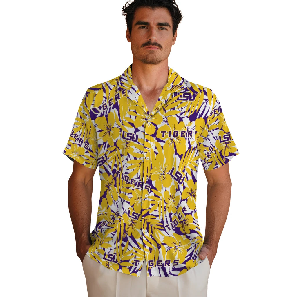 LSU Tigers Hawaiian Shirt - Hibiscus Overlay | Hula Hawaiian Shirts
