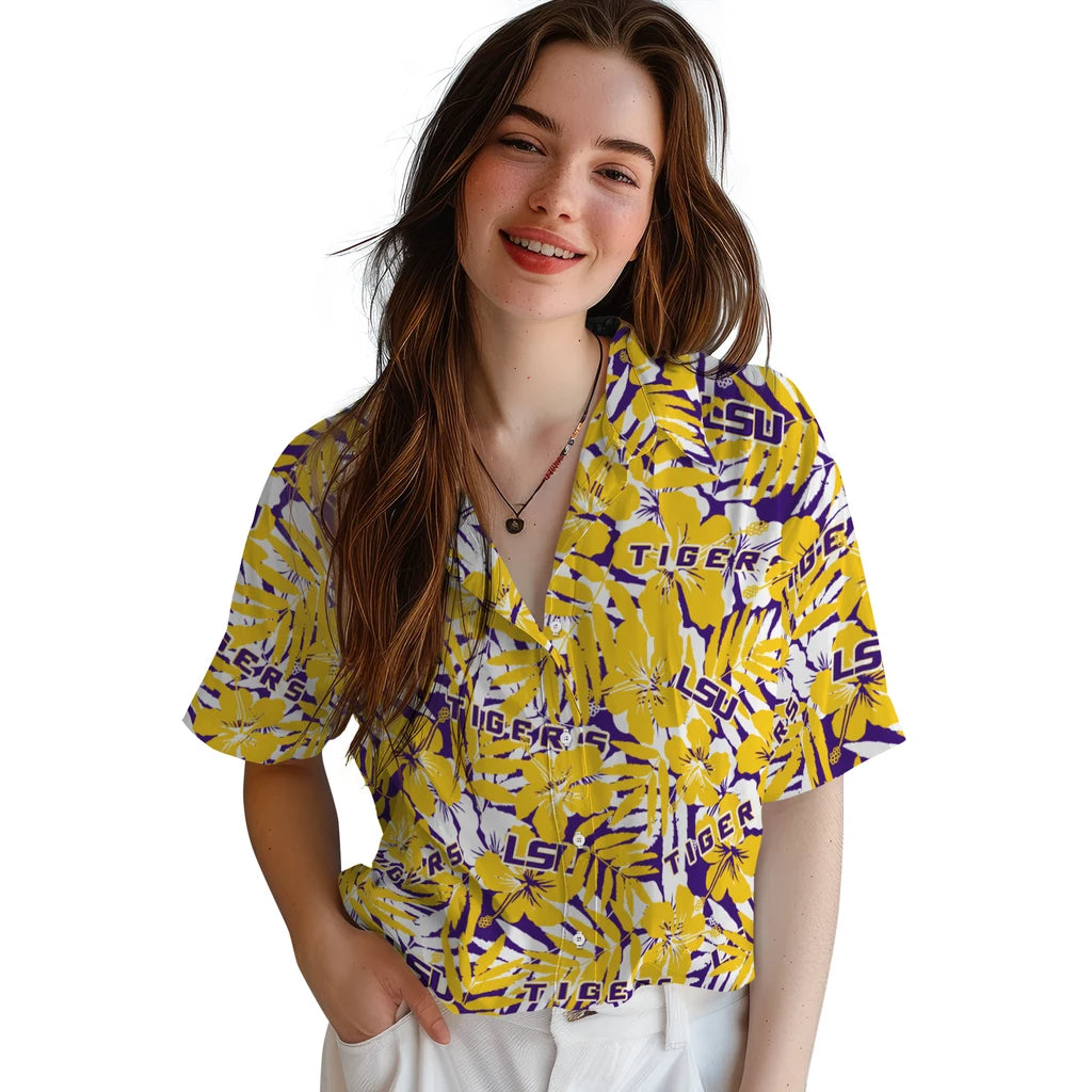 LSU Tigers Hawaiian Shirt - Hibiscus Overlay | Hula Hawaiian Shirts