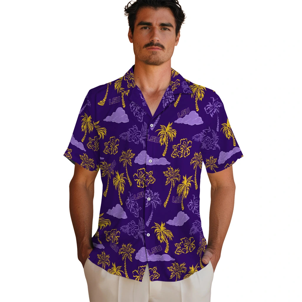 LSU Tigers Hawaiian Shirt - Palm And Clouds | Hula Hawaiian Shirts