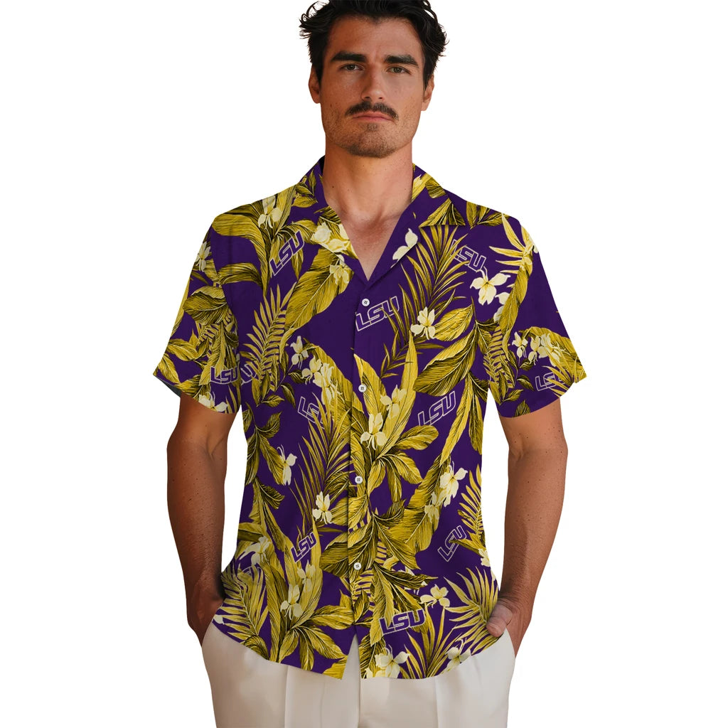LSU Tigers Hawaiian Shirt - Palm Leaves | Hula Hawaiian Shirts