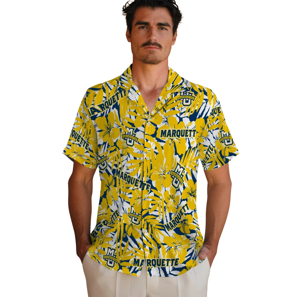 Marquette Golden Eagles Hawaiian Shirt - Hibiscus Overlay | Hula Hawaiian Shirts