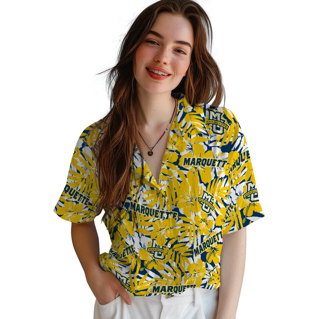 Marquette Golden Eagles Hawaiian Shirt - Hibiscus Overlay | Hula Hawaiian Shirts