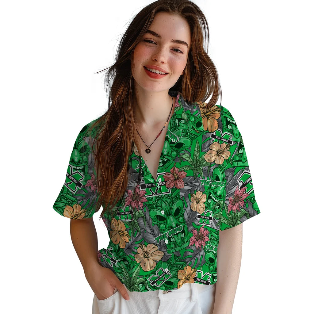 Marshall Thundering Herd Hawaiian Shirt - Hibiscus Tiki Jungle | Hula Hawaiian Shirts