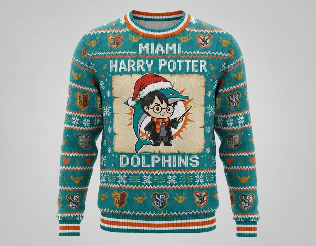 Miami Dolphins x Harry Potter Ugly Christmas Sweater – Aqua & Orange "Wizarding Football" Knit - LeagueLockerGear