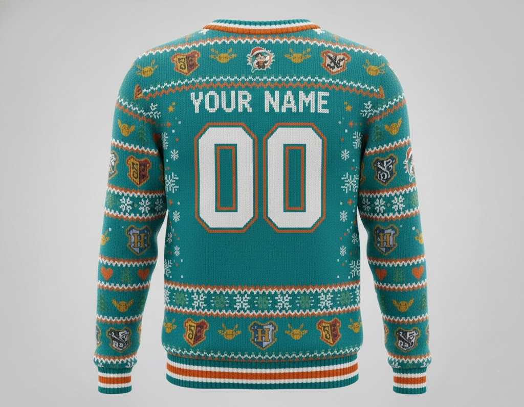Miami Dolphins x Harry Potter Ugly Christmas Sweater – Aqua & Orange "Wizarding Football" Knit - LeagueLockerGear