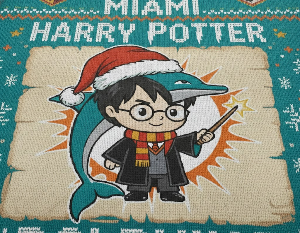 Miami Dolphins x Harry Potter Ugly Christmas Sweater – Aqua & Orange "Wizarding Football" Knit - LeagueLockerGear
