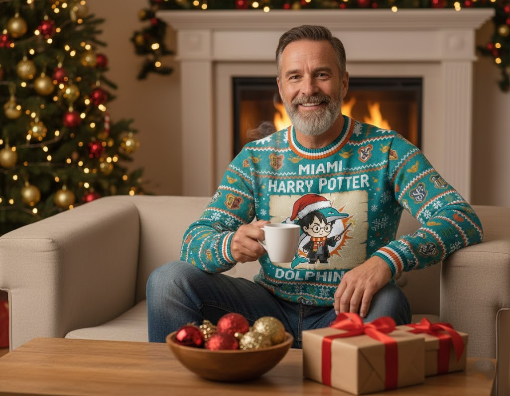 Miami Dolphins x Harry Potter Ugly Christmas Sweater – Aqua & Orange "Wizarding Football" Knit - LeagueLockerGear