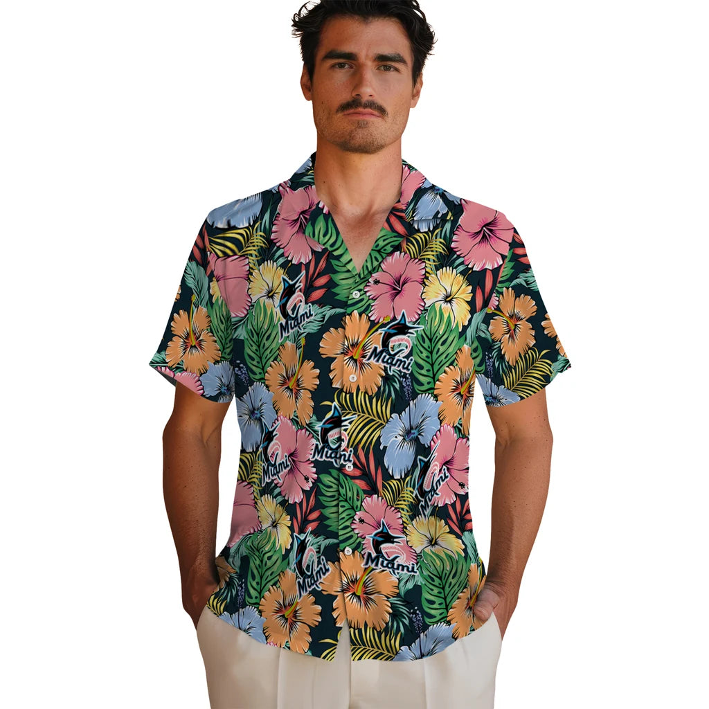 Miami Marlins Hawaiian Shirt - Brilliant Hibiscus Garden | Hula Hawaiian Shirts