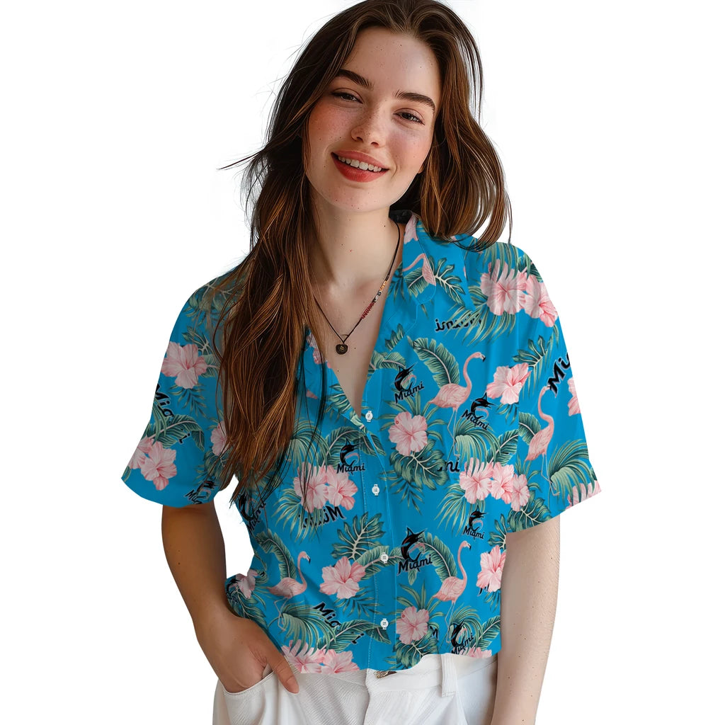 Miami Marlins Hawaiian Shirt - Flamingo and Hibiscus | Hula Hawaiian Shirts