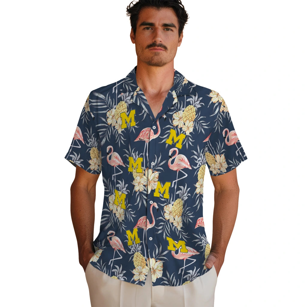 Michigan Wolverines Hawaiian Shirt - Flamingo Hibiscus | Hula Hawaiian Shirts