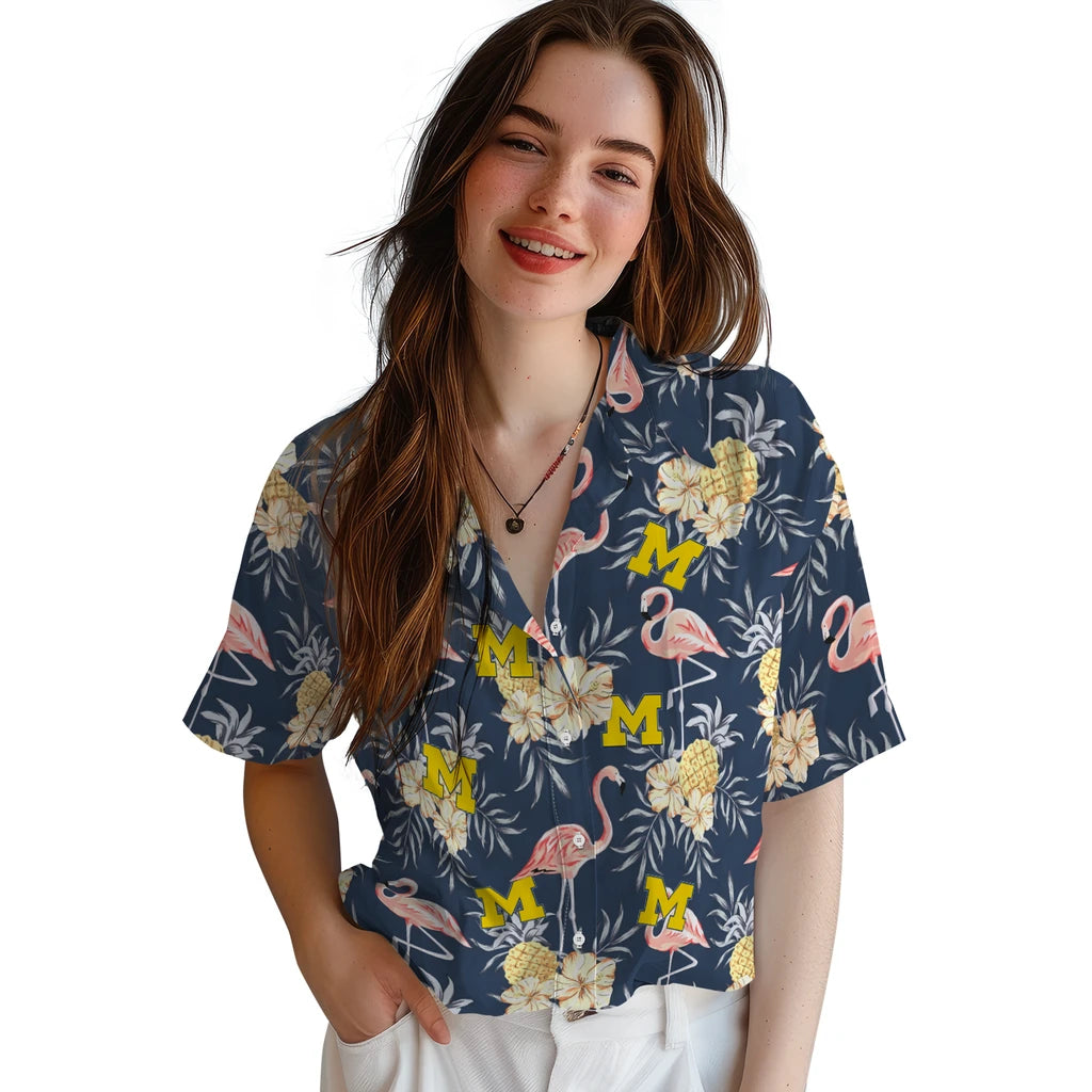 Michigan Wolverines Hawaiian Shirt - Flamingo Hibiscus | Hula Hawaiian Shirts
