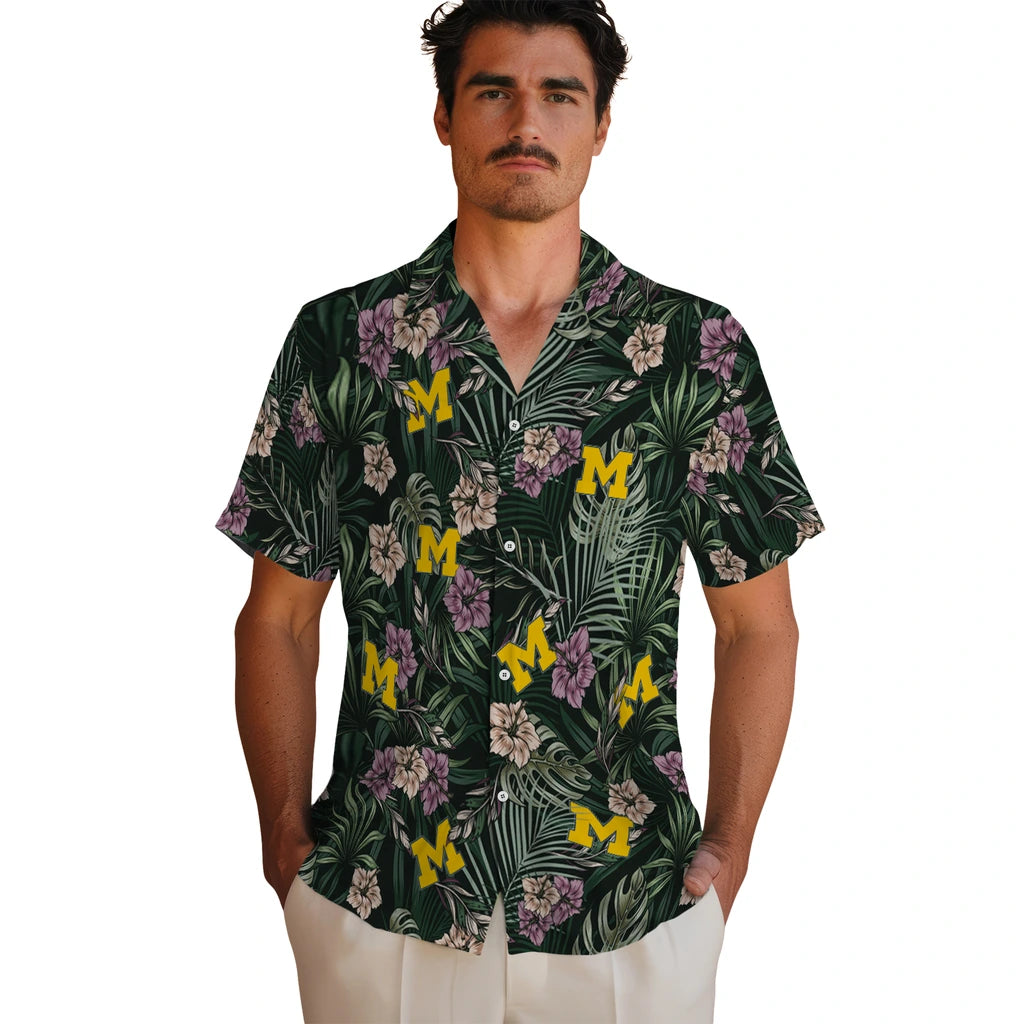 Michigan Wolverines Hawaiian Shirt - Hibiscus Leaves Pattern | Hula Hawaiian Shirts