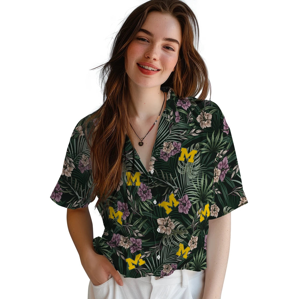 Michigan Wolverines Hawaiian Shirt - Hibiscus Leaves Pattern | Hula Hawaiian Shirts