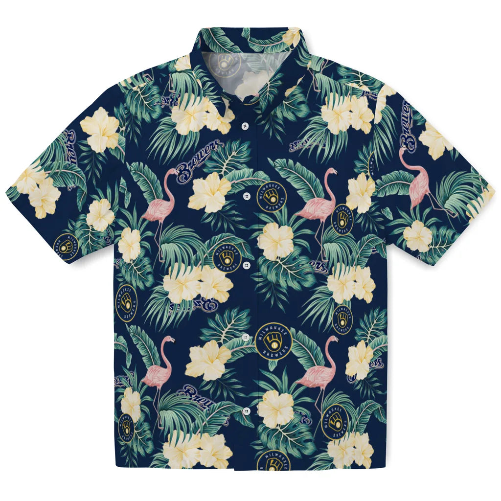 Milwaukee Brewers Hawaiian Shirt - Flamingo and Hibiscus | Hula Hawaiian Shirts