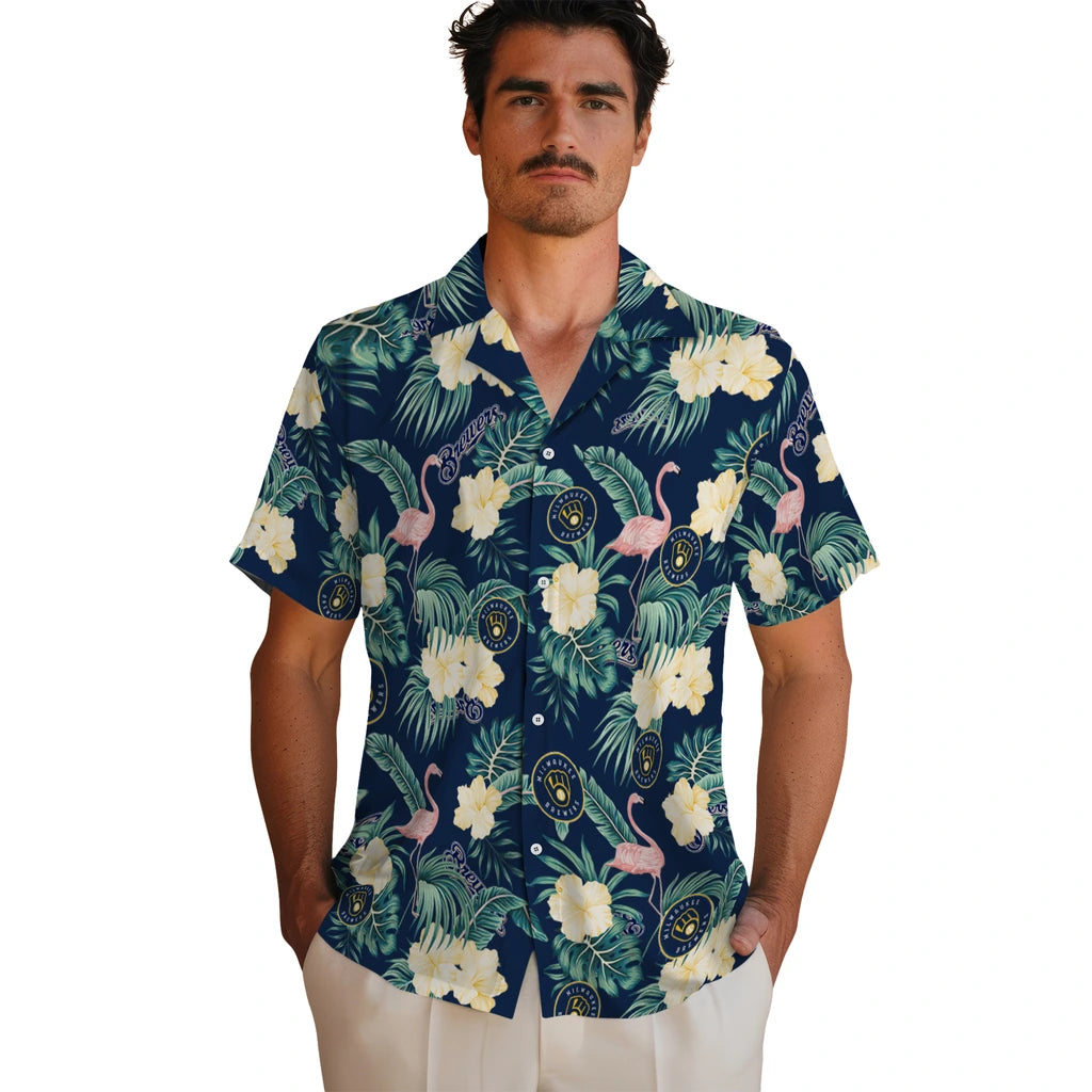 Milwaukee Brewers Hawaiian Shirt - Flamingo and Hibiscus | Hula Hawaiian Shirts
