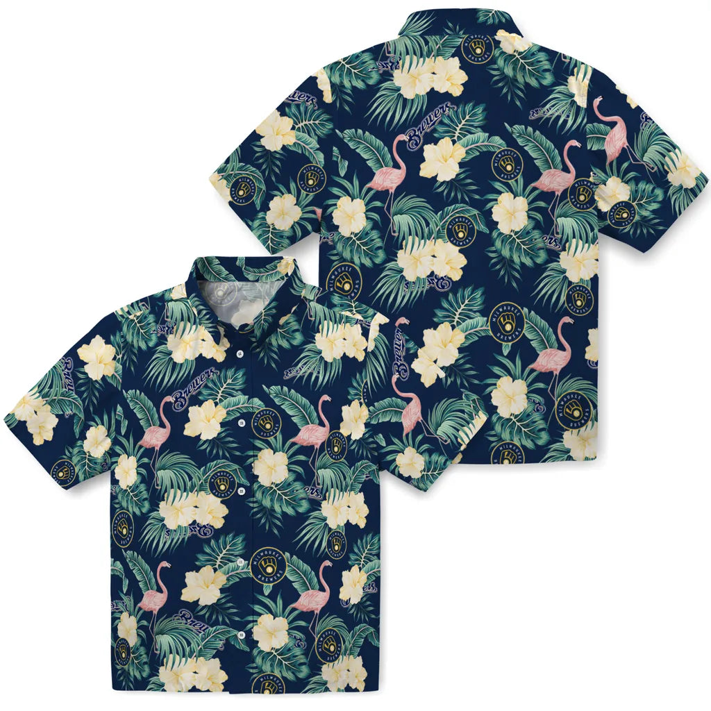 Milwaukee Brewers Hawaiian Shirt - Flamingo and Hibiscus | Hula Hawaiian Shirts