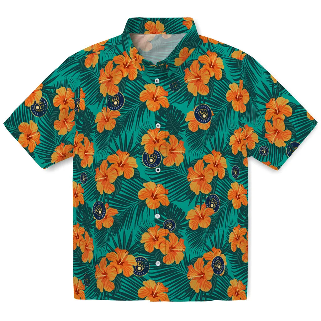 Milwaukee Brewers Hawaiian Shirt - Hibiscus and Palm Leaves | Hula Hawaiian Shirts