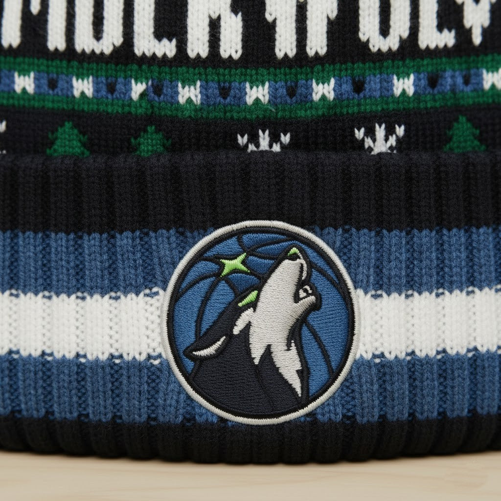 Timberwolves Forest Frost Ugly Sweater Pattern Beanie - 2025 NBA Cozy Winter Fan Cap - LeagueLockerGear