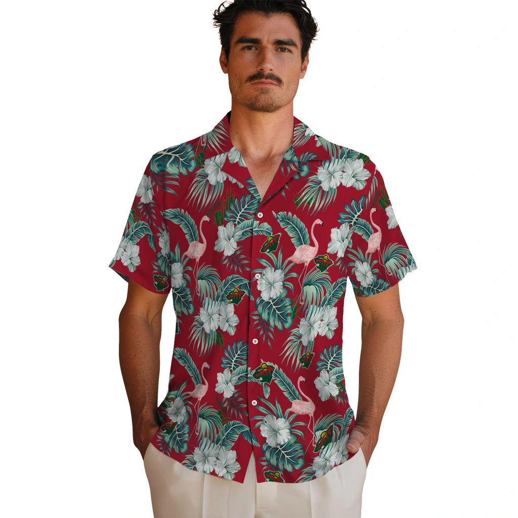 Minnesota Wild Hawaiian Shirt - Flamingo and Hibiscus | Hula Hawaiian Shirts