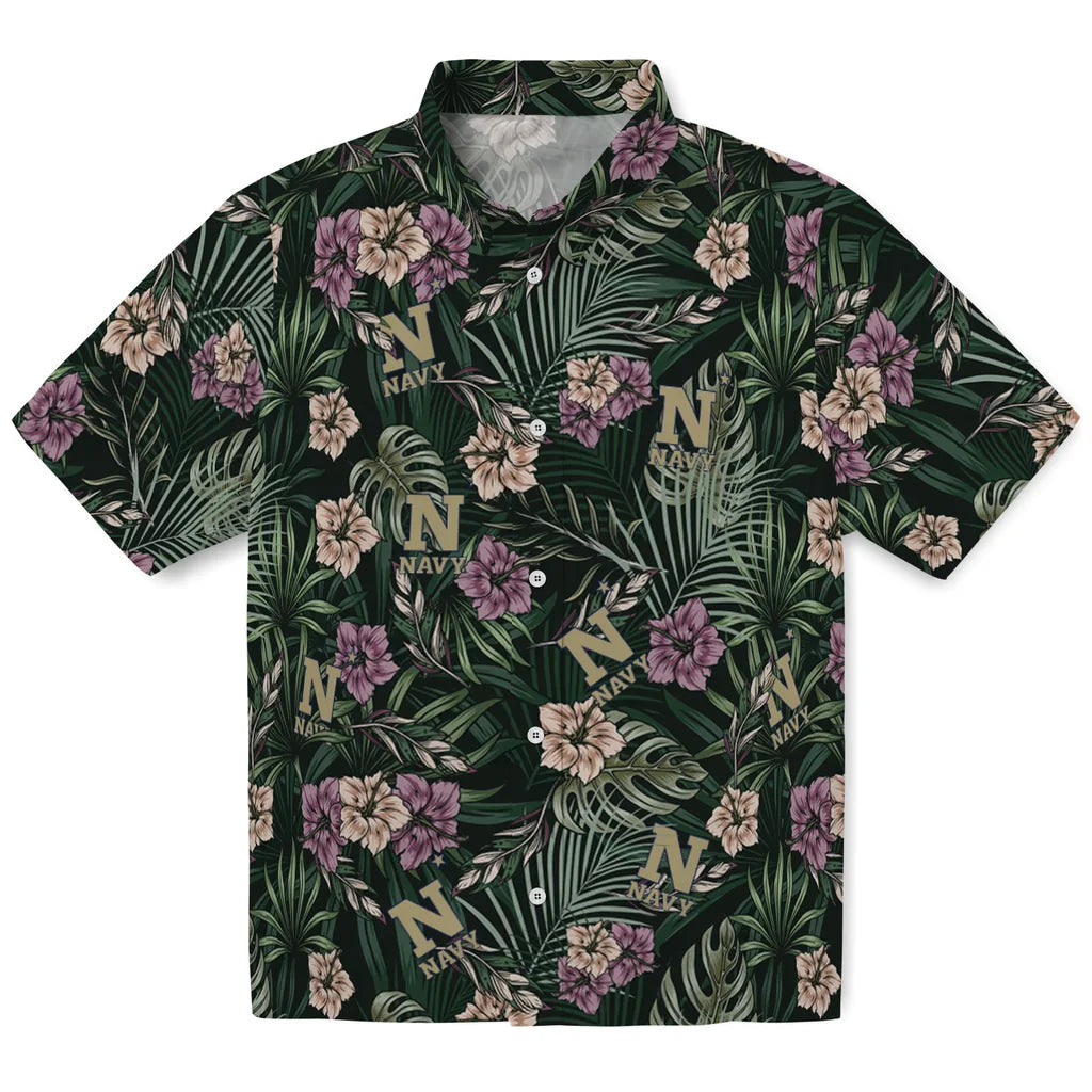 Navy Midshipmen Hawaiian Shirt - Hibiscus Leaves Pattern | Hula Hawaiian Shirts