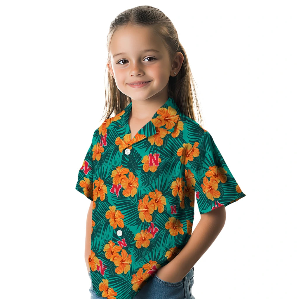 Nebraska Cornhuskers Hawaiian Shirt - Hibiscus and Palm Leaves | Hula Hawaiian Shirts