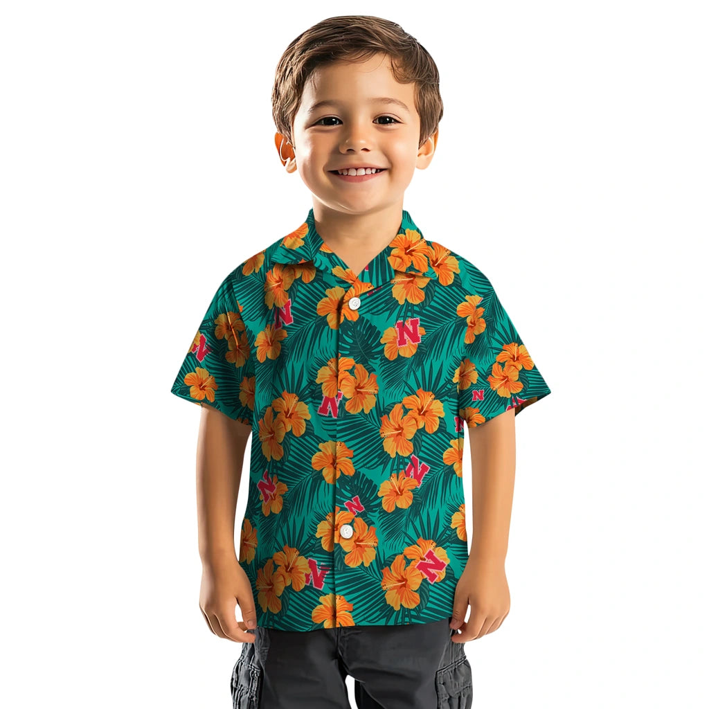 Nebraska Cornhuskers Hawaiian Shirt - Hibiscus and Palm Leaves | Hula Hawaiian Shirts