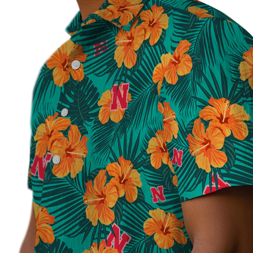 Nebraska Cornhuskers Hawaiian Shirt - Hibiscus and Palm Leaves | Hula Hawaiian Shirts
