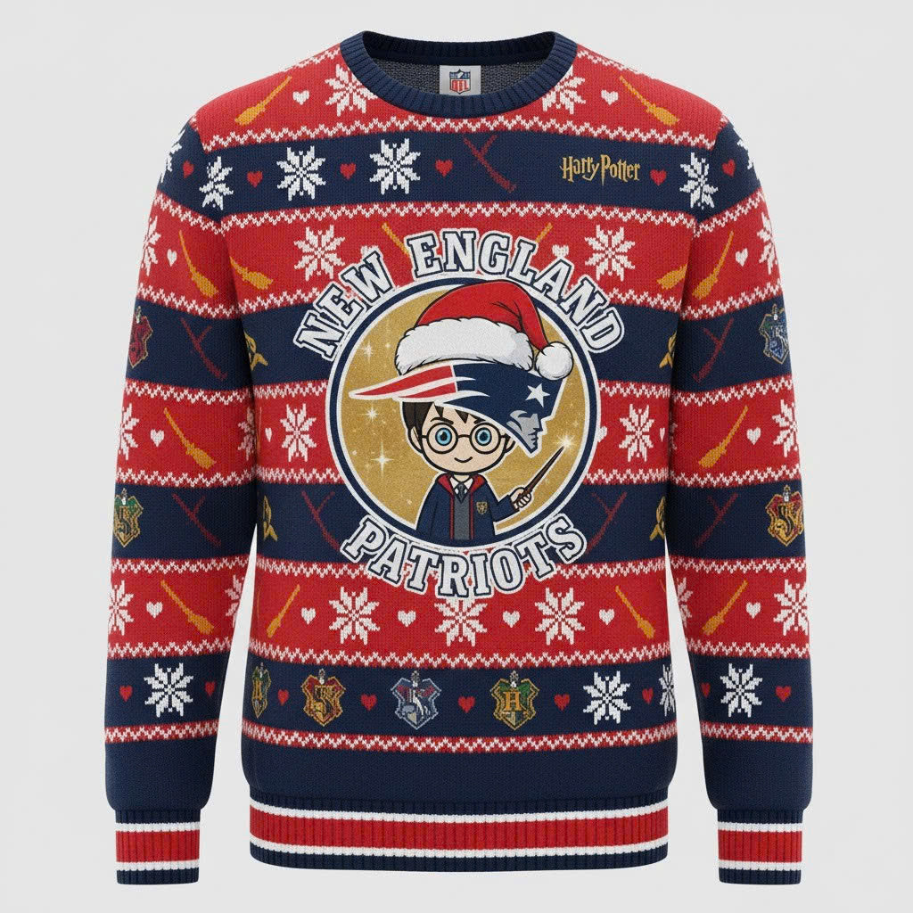 New England Patriots x Harry Potter Ugly Christmas Sweater – Red & Navy "Wizarding Football" Knit - LeagueLockerGear