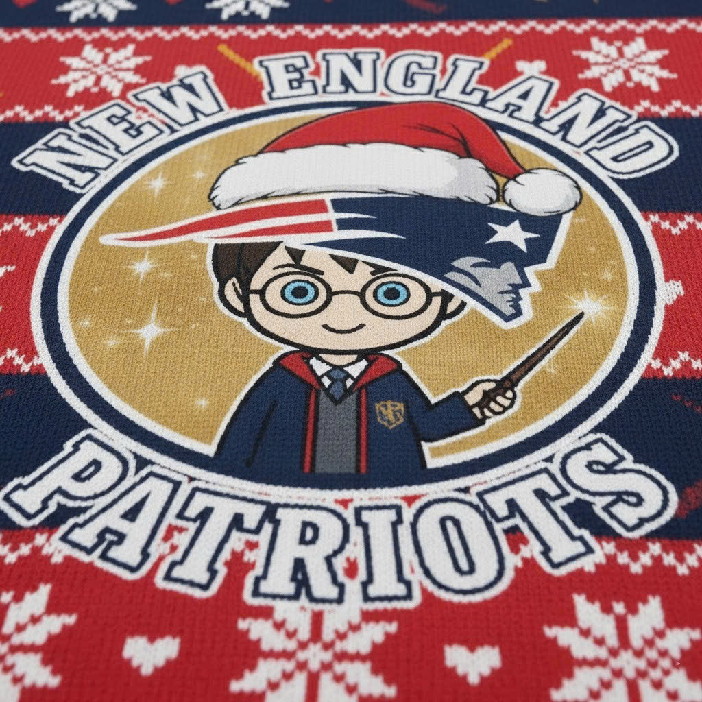 New England Patriots x Harry Potter Ugly Christmas Sweater – Red & Navy "Wizarding Football" Knit - LeagueLockerGear