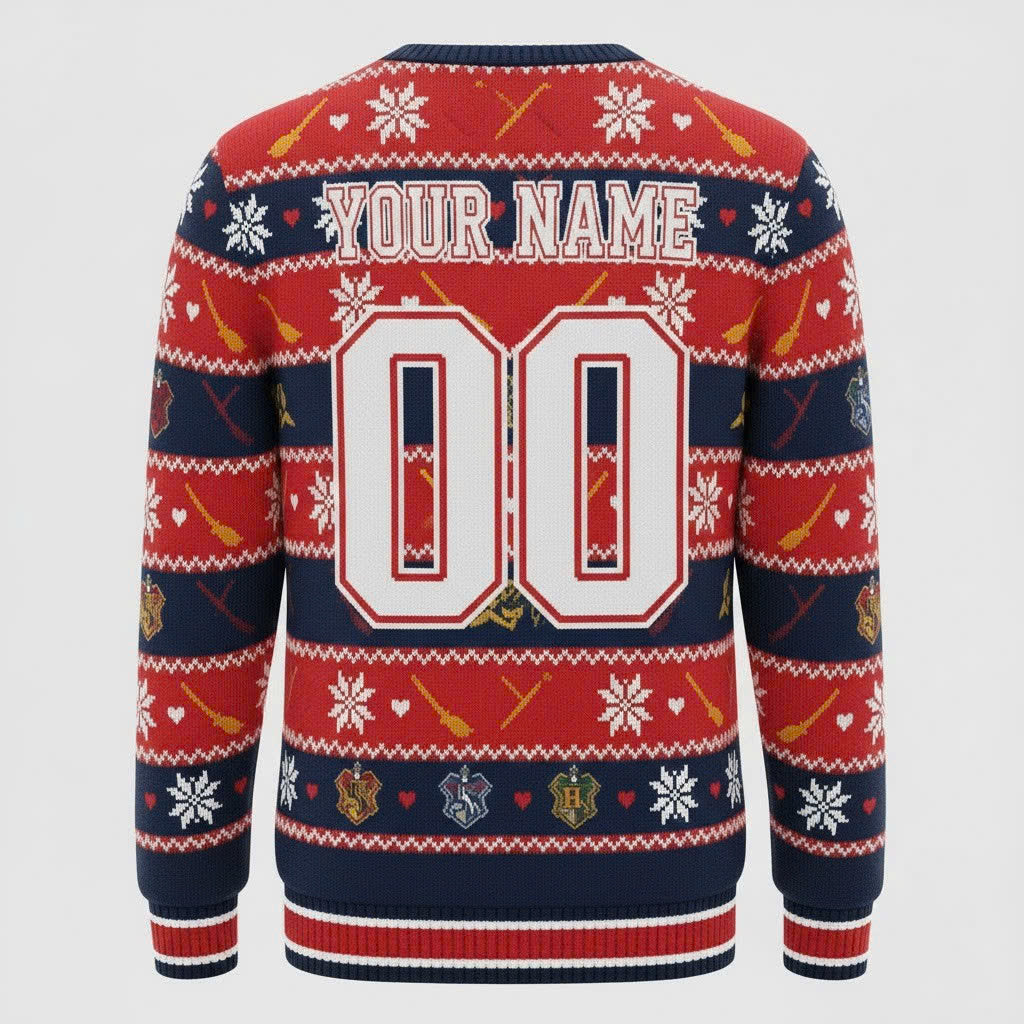 New England Patriots x Harry Potter Ugly Christmas Sweater – Red & Navy "Wizarding Football" Knit - LeagueLockerGear