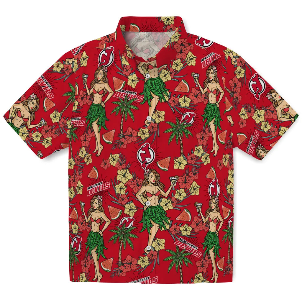 New Jersey Devils Hawaiian Shirt - Hawaiian Girls Design | Hula Hawaiian Shirts