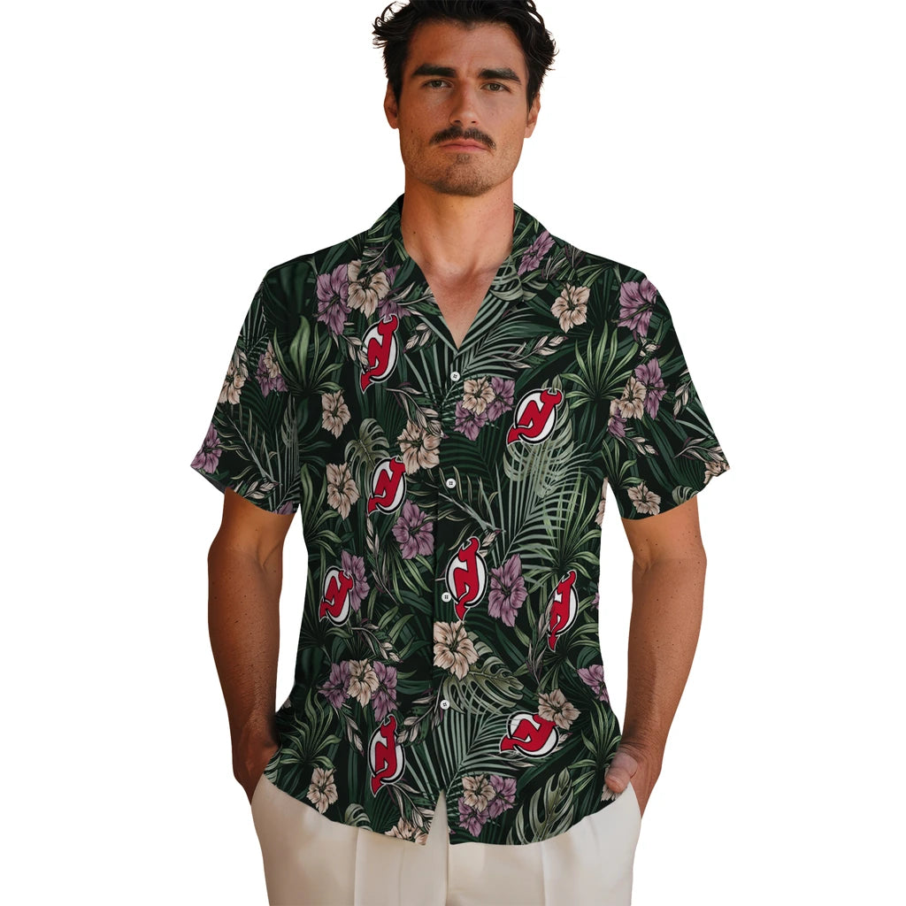 New Jersey Devils Hawaiian Shirt - Hibiscus Leaves Pattern | Hula Hawaiian Shirts