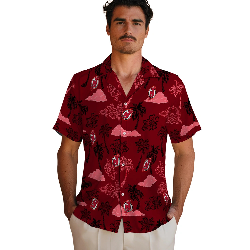 New Jersey Devils Hawaiian Shirt - Palm And Clouds | Hula Hawaiian Shirts
