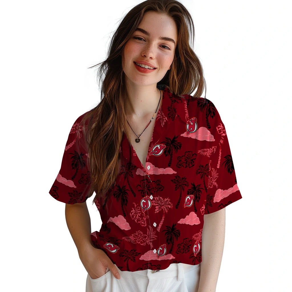 New Jersey Devils Hawaiian Shirt - Palm And Clouds | Hula Hawaiian Shirts
