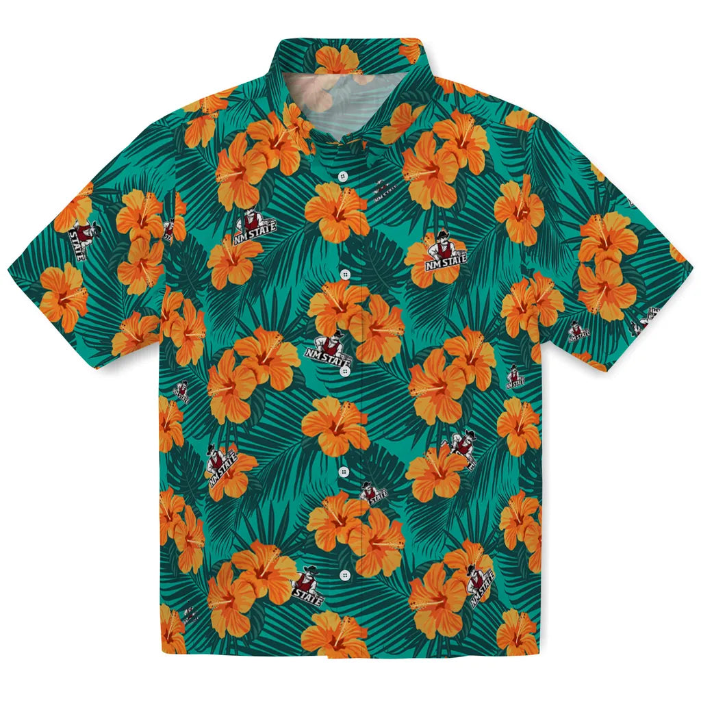 New Mexico State Aggies Hawaiian Shirt - Hibiscus and Palm Leaves | Hula Hawaiian Shirts