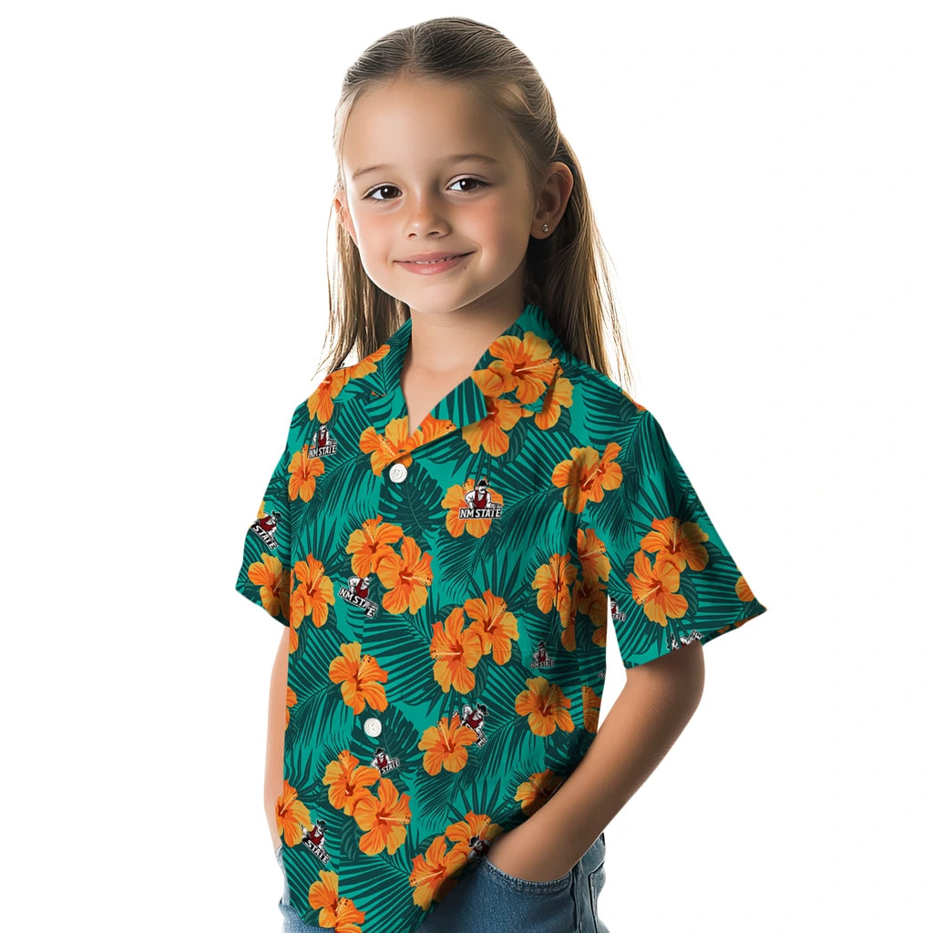 New Mexico State Aggies Hawaiian Shirt - Hibiscus and Palm Leaves | Hula Hawaiian Shirts