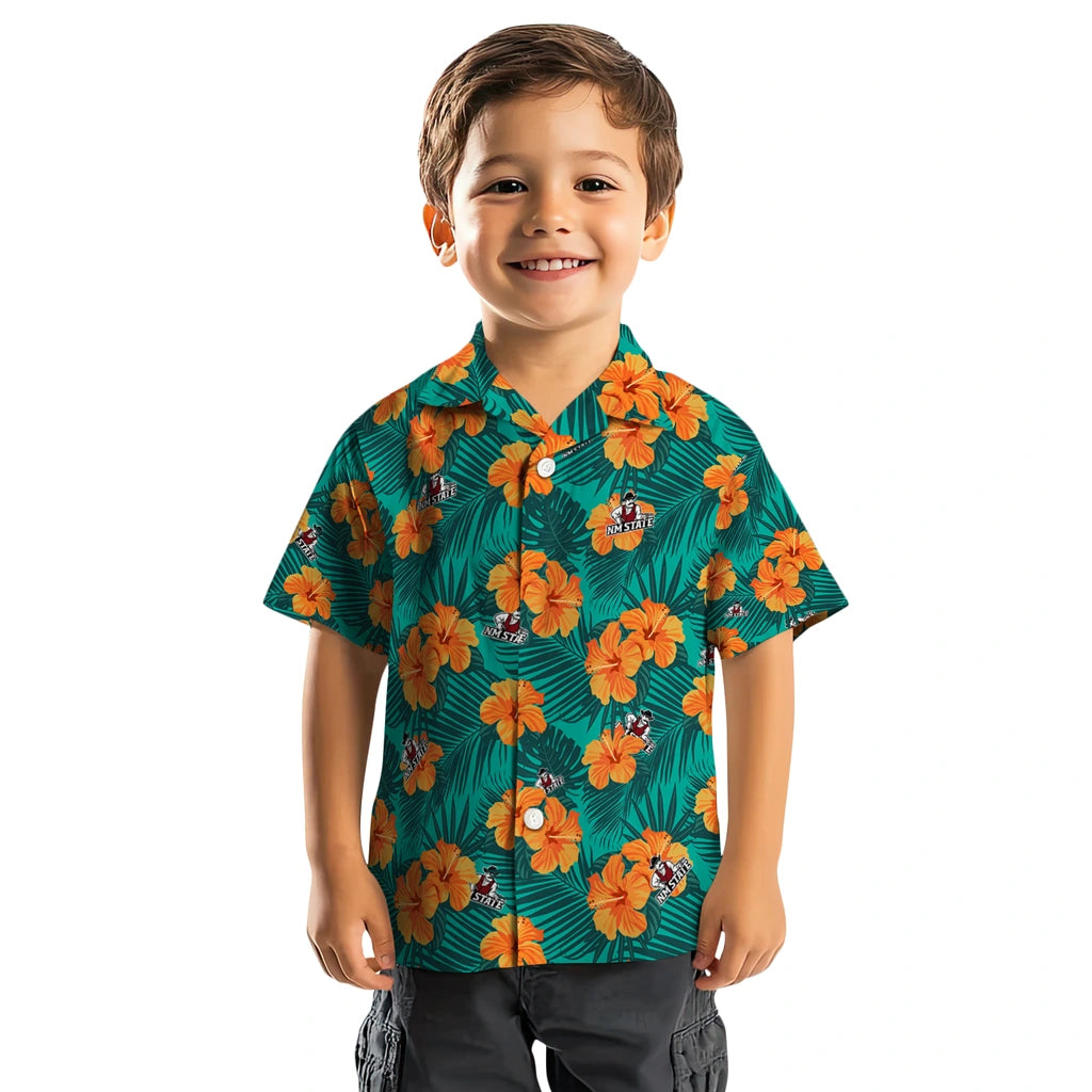 New Mexico State Aggies Hawaiian Shirt - Hibiscus and Palm Leaves | Hula Hawaiian Shirts