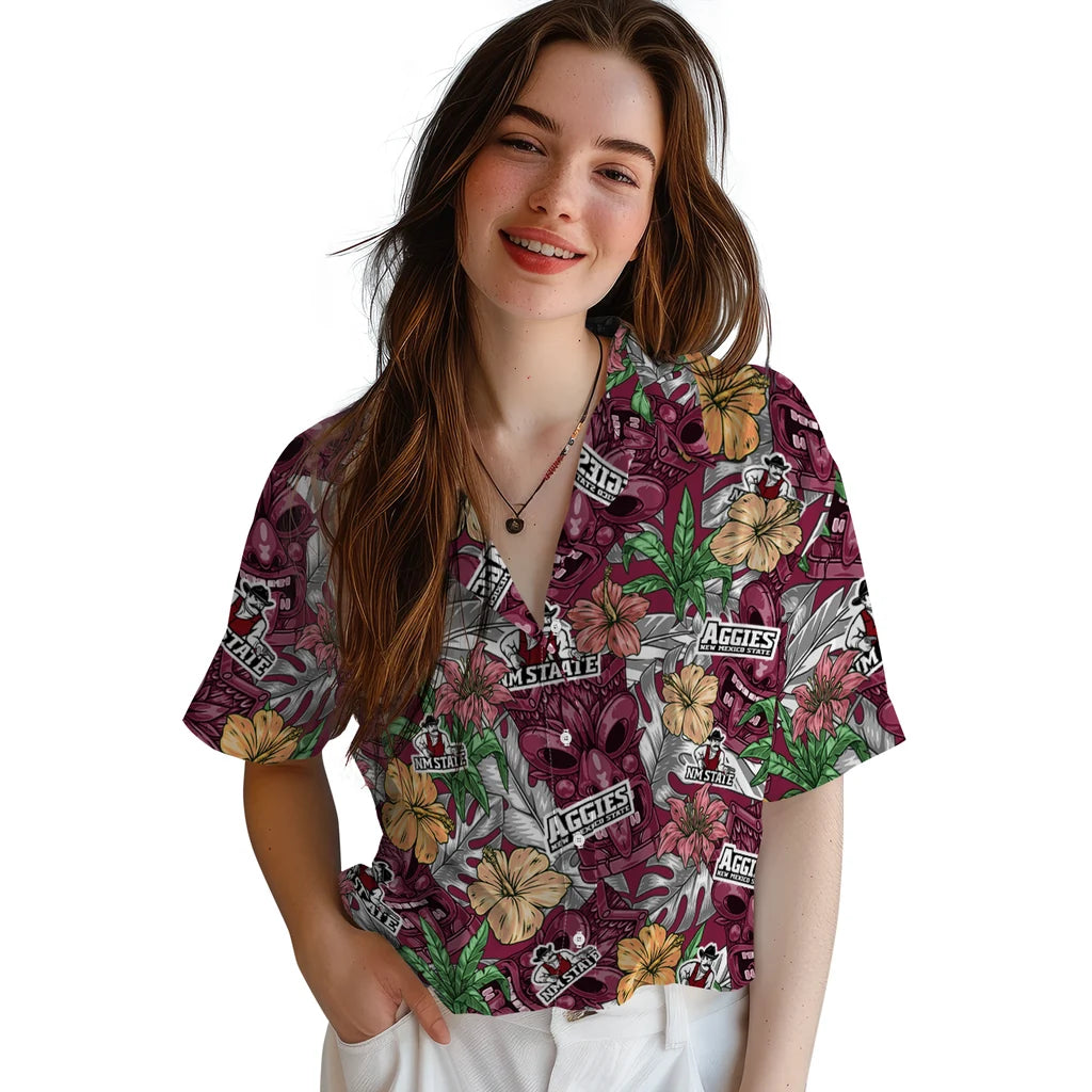 New Mexico State Aggies Hawaiian Shirt - Hibiscus Tiki Jungle | Hula Hawaiian Shirts
