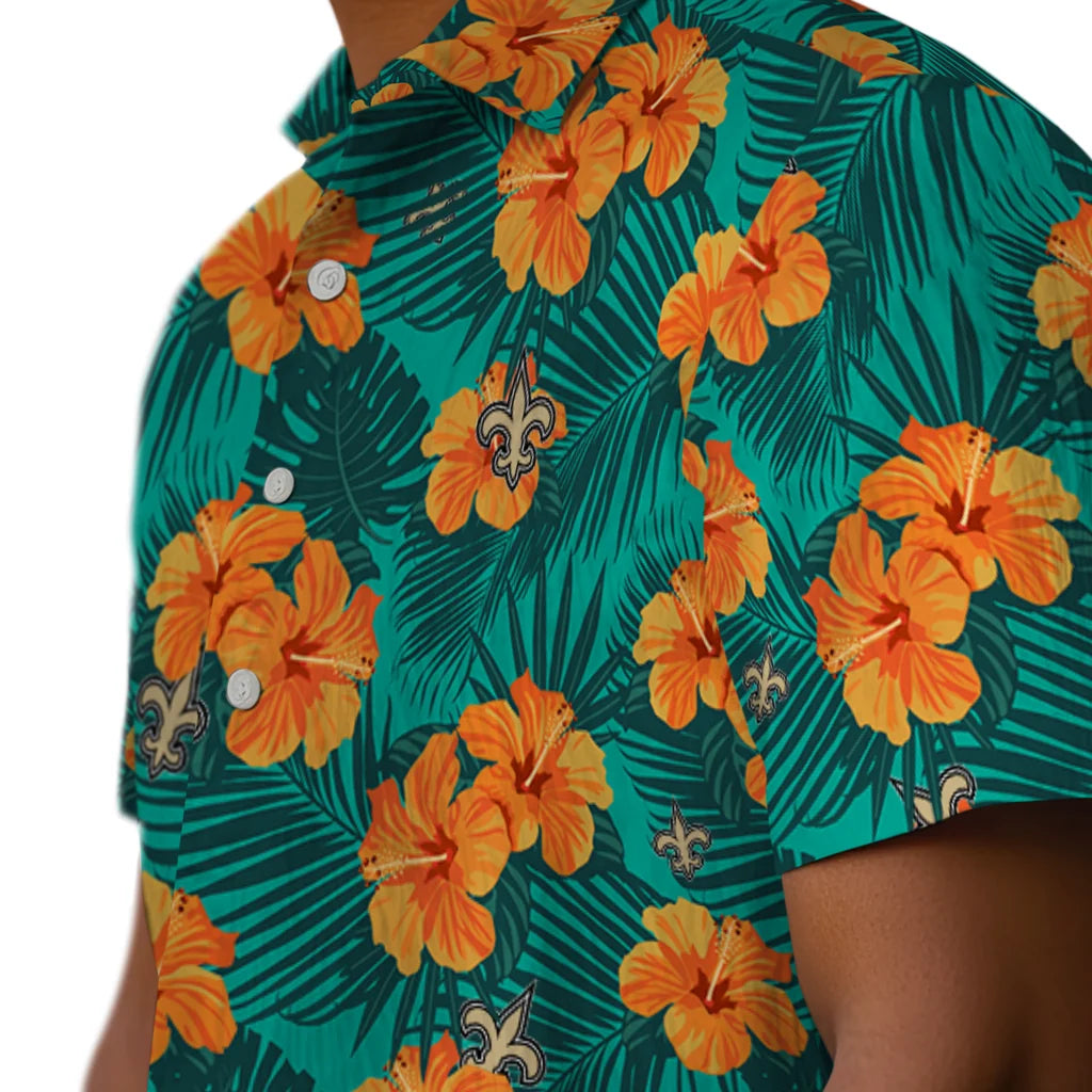 New Orleans Saints Hawaiian Shirt - Hibiscus and Palm Leaves | Hula Hawaiian Shirts