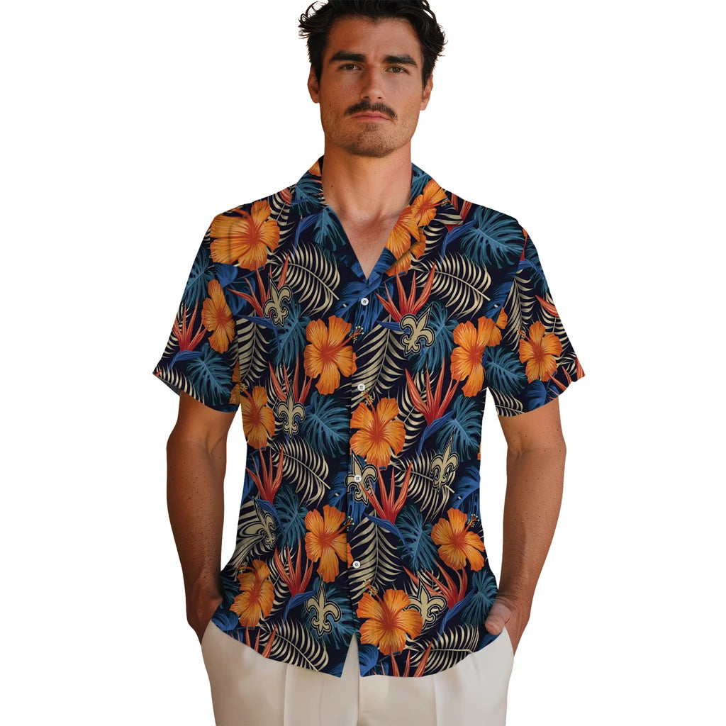 New Orleans Saints Hawaiian Shirt - Hibiscus Foliage | Hula Hawaiian Shirts