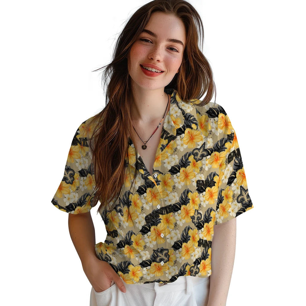 New Orleans Saints Hawaiian Shirt - Hibiscus Tropics | Hula Hawaiian Shirts