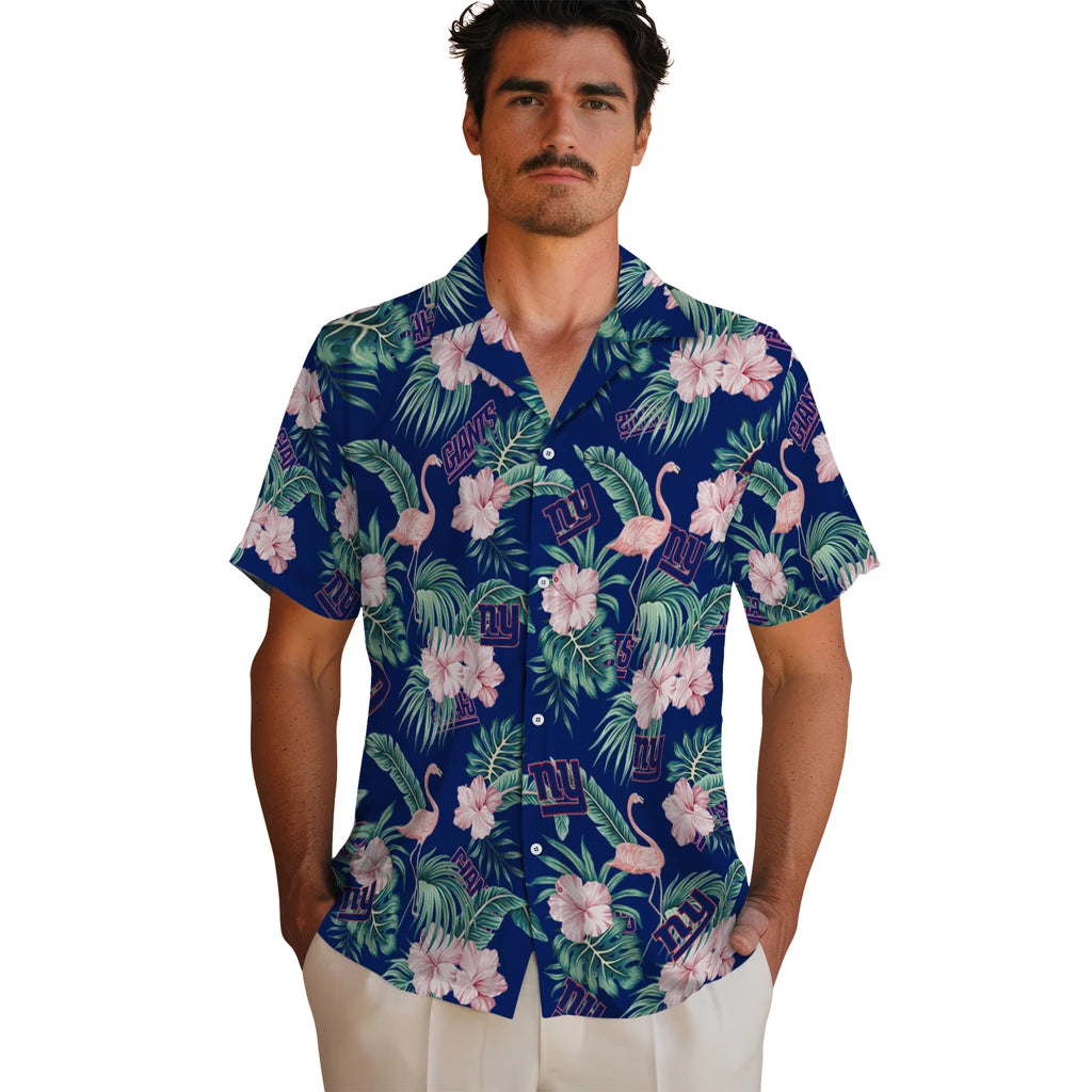 New York Giants Hawaiian Shirt - Flamingo and Hibiscus | Hula Hawaiian Shirts