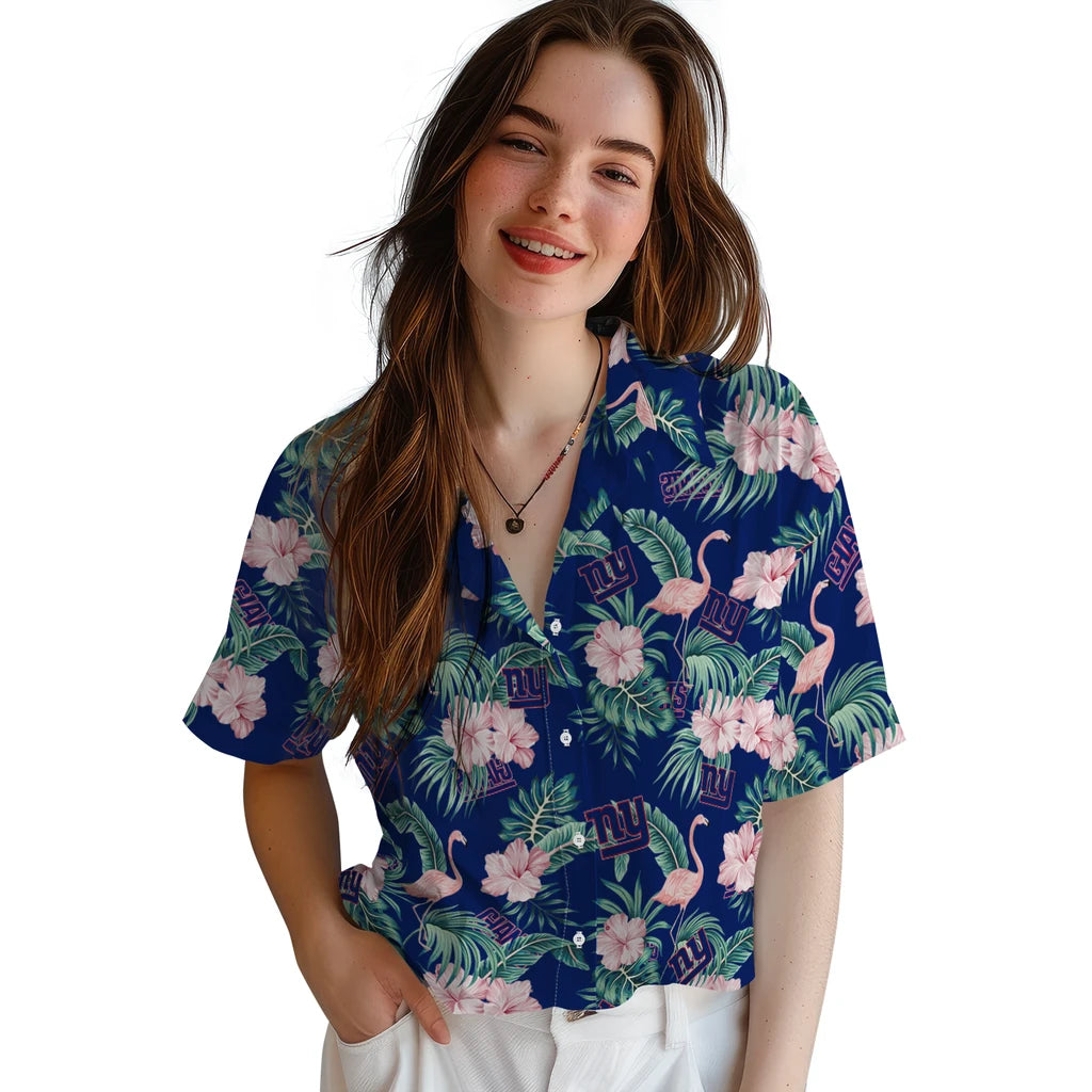 New York Giants Hawaiian Shirt - Flamingo and Hibiscus | Hula Hawaiian Shirts
