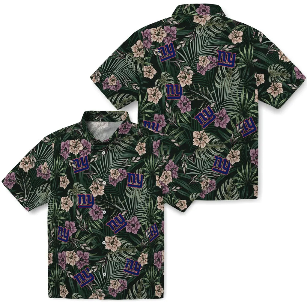 New York Giants Hawaiian Shirt - Hibiscus Leaves Pattern | Hula Hawaiian Shirts