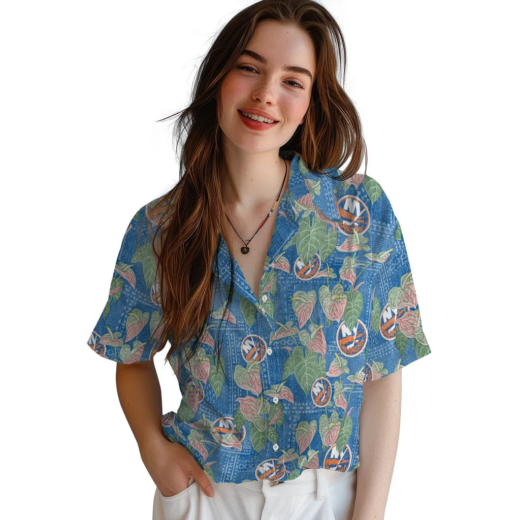 New York Islanders Hawaiian Shirt - Anthurium Overlay | Hula Hawaiian Shirts