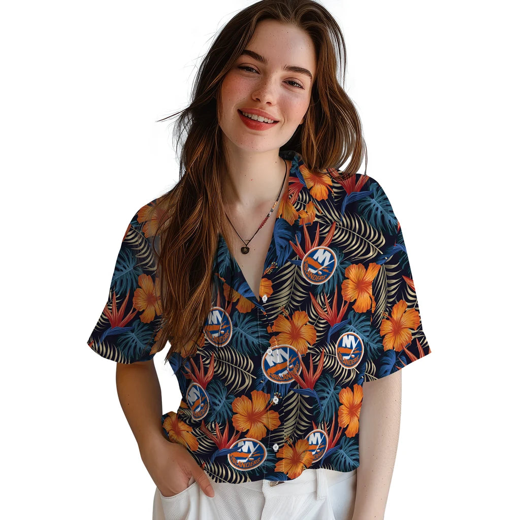 New York Islanders Hawaiian Shirt - Hibiscus Foliage | Hula Hawaiian Shirts