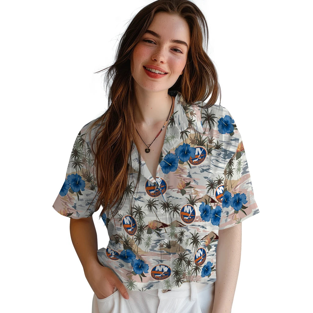 New York Islanders Hawaiian Shirt - Hibiscus Seaside | Hula Hawaiian Shirts