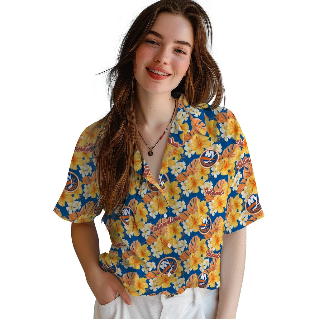 New York Islanders Hawaiian Shirt - Hibiscus Tropics | Hula Hawaiian Shirts