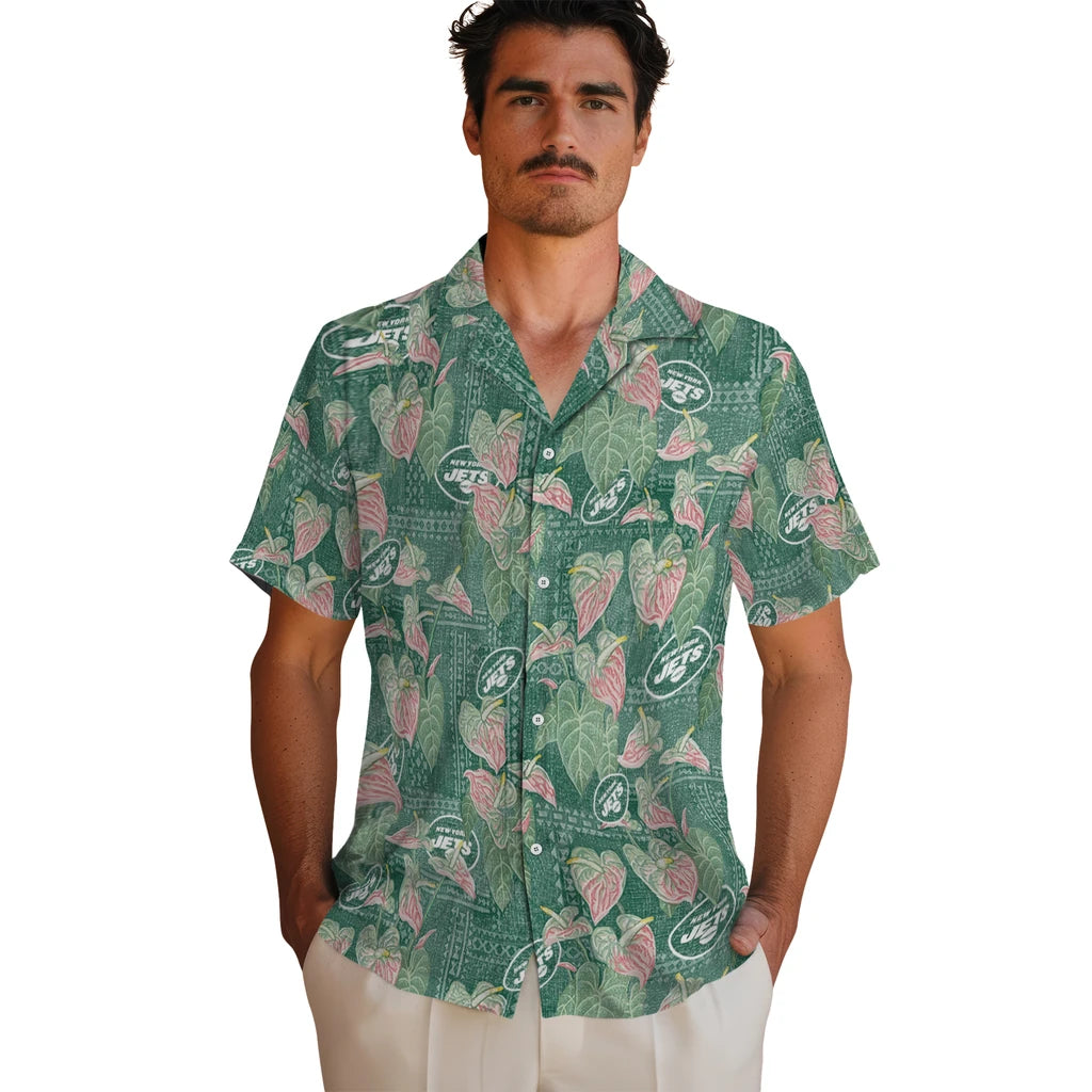 New York Jets Hawaiian Shirt - Anthurium Overlay | Hula Hawaiian Shirts