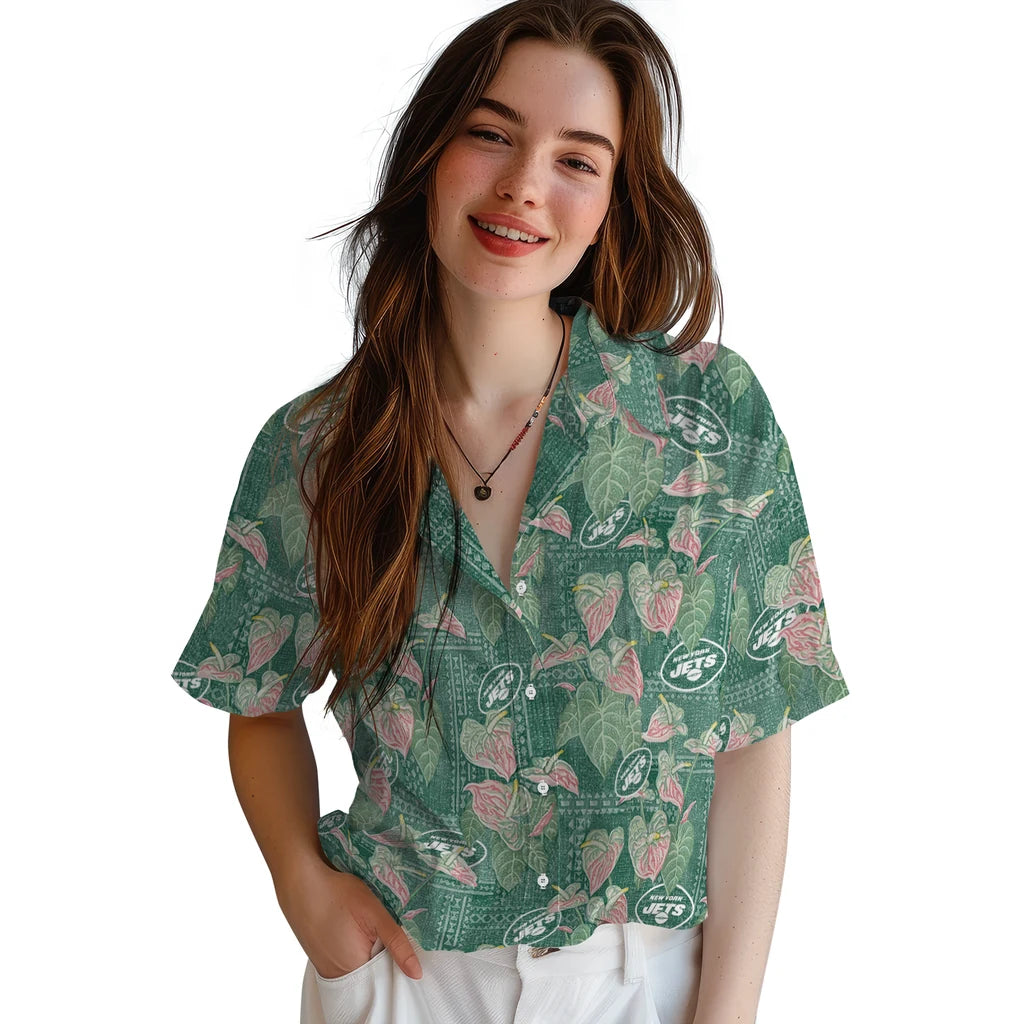 New York Jets Hawaiian Shirt - Anthurium Overlay | Hula Hawaiian Shirts